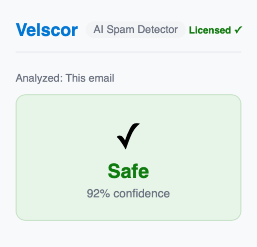 Velscor verdict in Outlook: Safe, 92% confidence