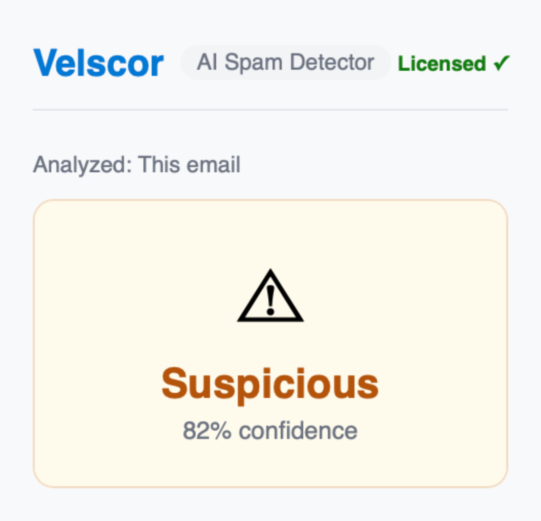 Velscor verdict in Outlook: Suspicious, 82% confidence